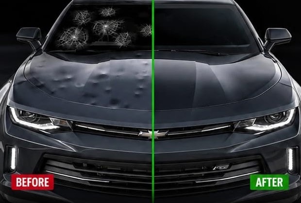 Before and after hail damage repair on a vehicle hood and roof